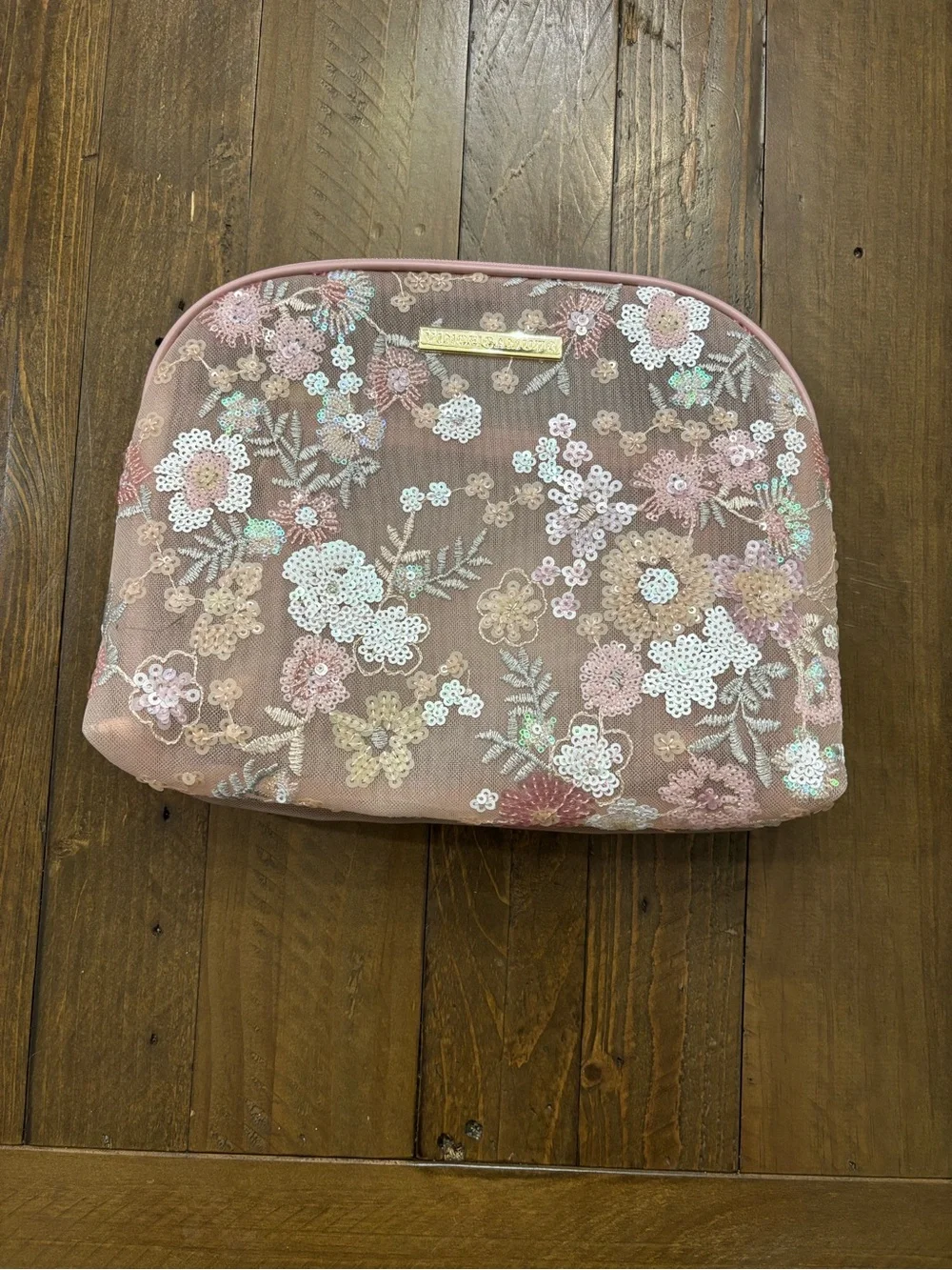 Vince Camuto Blush Pink Floral Sequin Cosmetic Bag